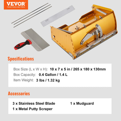 Drywall Flat Box, 10-Inch Wide Quick Clean, Aluminum Finishing Mud Box for Plasterboard, Wallboard, Sheetrock, Bonus Mudguard, Extra 2 Stainless Steel Blades (10/12-Inch)