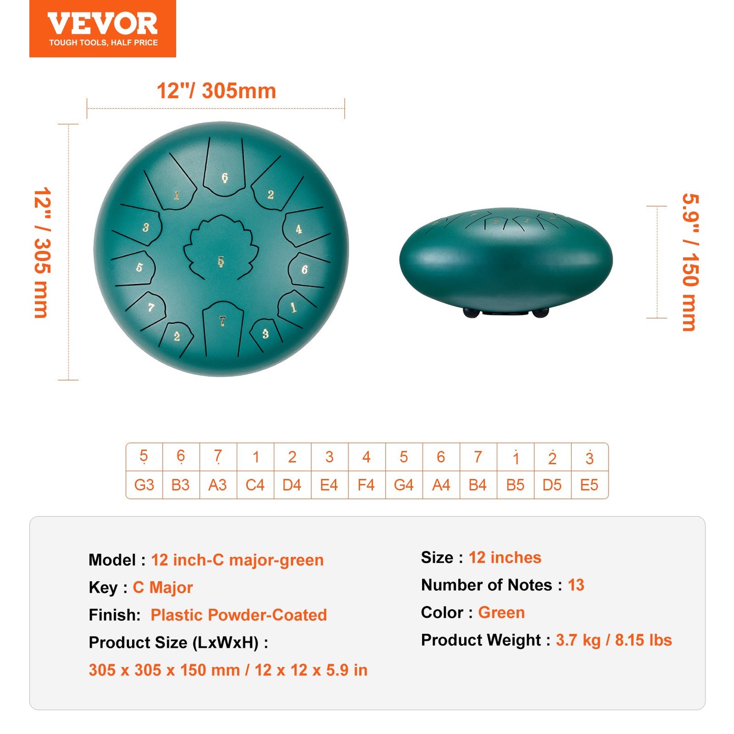 Steel Tongue Drum, 12 in & 13 Notes, C Major Steel Drum for Outside Garden, with 2 Mallets & Carry Bag, Hand Pan Drum Percussion Instrument for Meditation Musical Education Yoga, Green