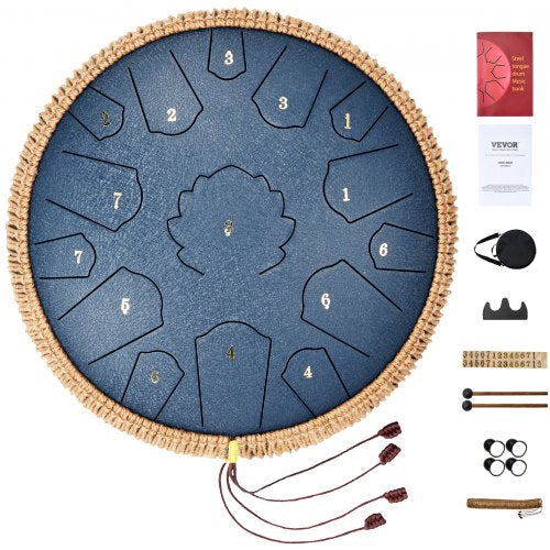 Steel Tongue Drum, 14 in & 15 Notes, Rain Drum for Outside Garden, D Major Key, Tank Drum with 2 Mallets & Carry Bag, Hand Pan Drum Percussion Instrument for Musical Education Yoga, Navy Blue