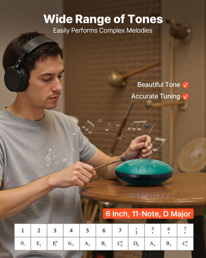 Ståltungtrumma, 16,5 cm 11-noters regntrumma för utomhusträdgård, D-dur musiktrummor med notbok och klubbor, slagverksinstrument för meditation, yoga, nybörjare, musikalisk utbildning, grön