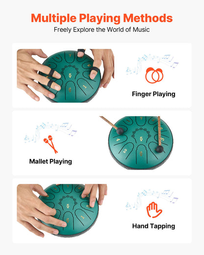 Ståltungtrumma, 16,5 cm 11-noters regntrumma för utomhusträdgård, D-dur musiktrummor med notbok och klubbor, slagverksinstrument för meditation, yoga, nybörjare, musikalisk utbildning, grön