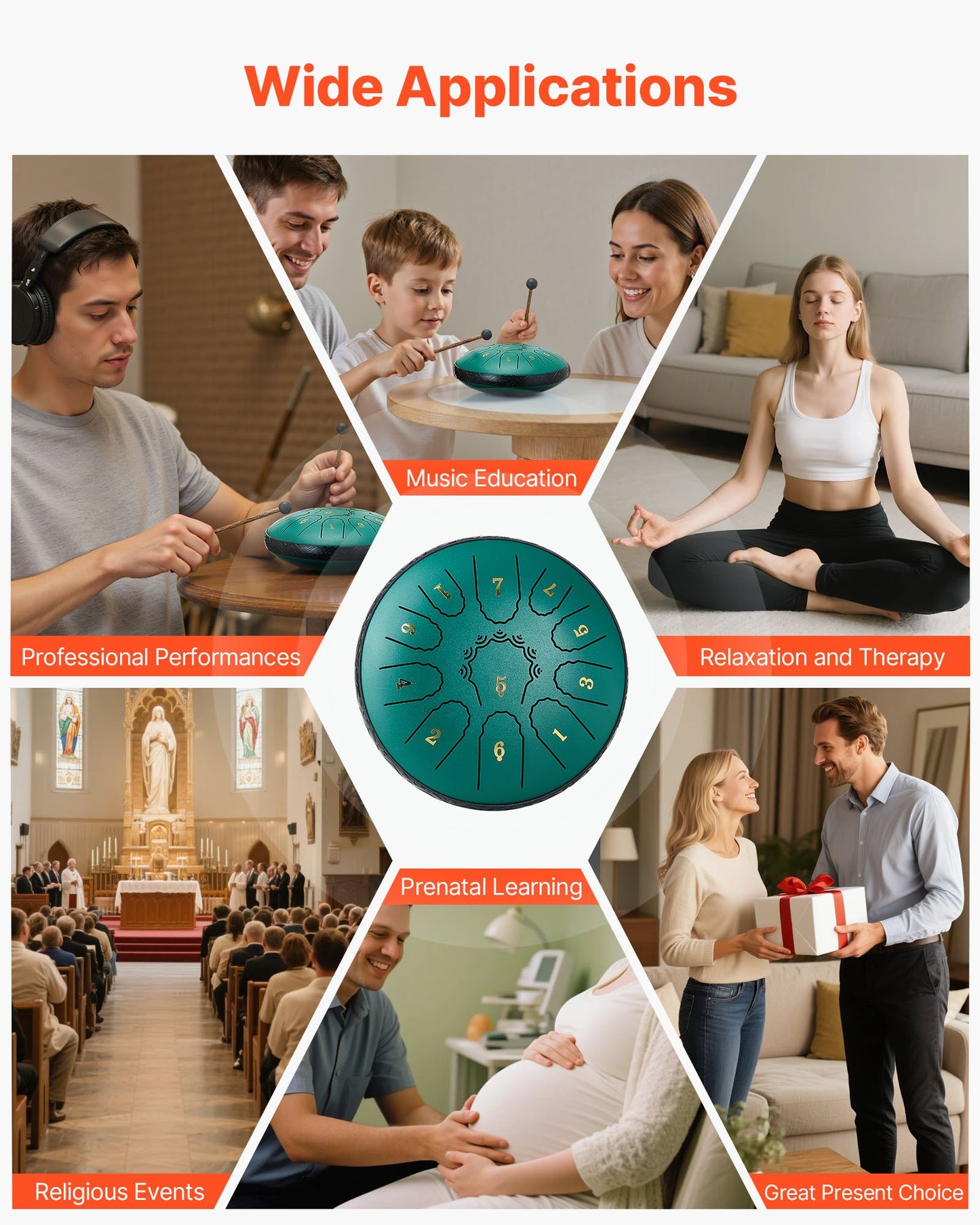 Ståltungtrumma, 16,5 cm 11-noters regntrumma för utomhusträdgård, D-dur musiktrummor med notbok och klubbor, slagverksinstrument för meditation, yoga, nybörjare, musikalisk utbildning, grön