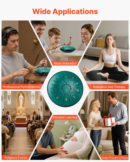 Ståltungtrumma, 16,5 cm 11-noters regntrumma för utomhusträdgård, D-dur musiktrummor med notbok och klubbor, slagverksinstrument för meditation, yoga, nybörjare, musikalisk utbildning, grön