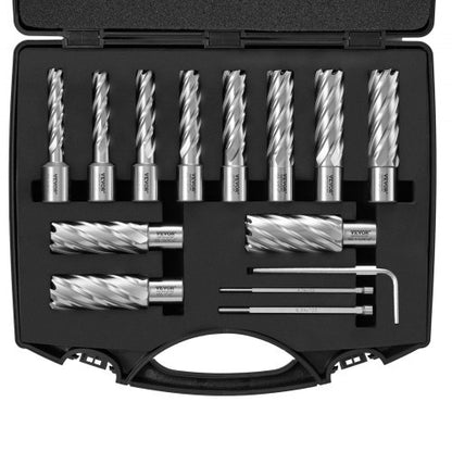 Annular Cutter Set, 13 pcs Weldon Shank Mag Drill Bits, 5.1 cm Cutting Depth, 1.1 to 1-2.7 cm Cutting Diameter, M2AL HSS, with 2 Pilot Pins, Hex Wrench and Portable Case, for Using with Magnetic Dr