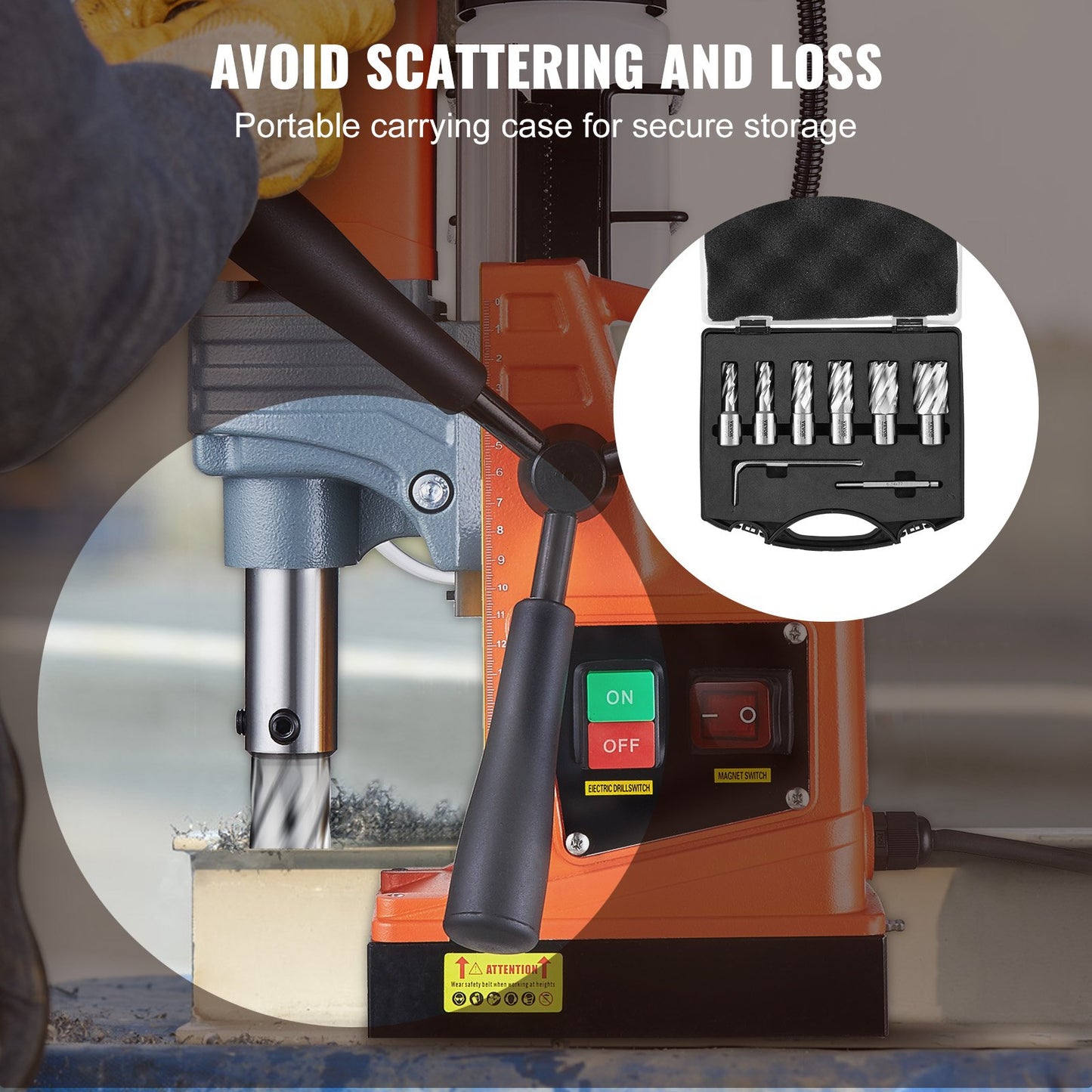 Ringformad frässats, 6 st. Weldon-skaftmagnetborrar, 2,5 cm skärdjup, 1,27 till 1–2,7 cm skärdiameter, M2AL snabbstål, med pilotstift och bärbar väska, för användning med magnetborrar