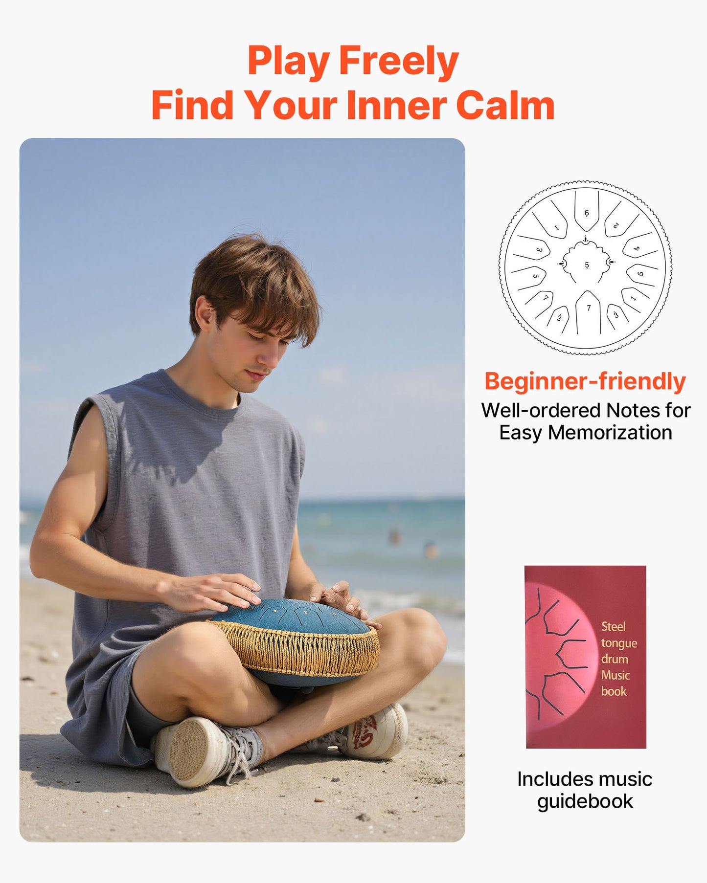 Ståltungtrumma, 30,5 cm 13-noters regntrumma för trädgården, C-dur-trummor med notbok och klubbor, slagverksinstrument för meditation, yoga, nybörjare, musikalisk utbildning, marinblå