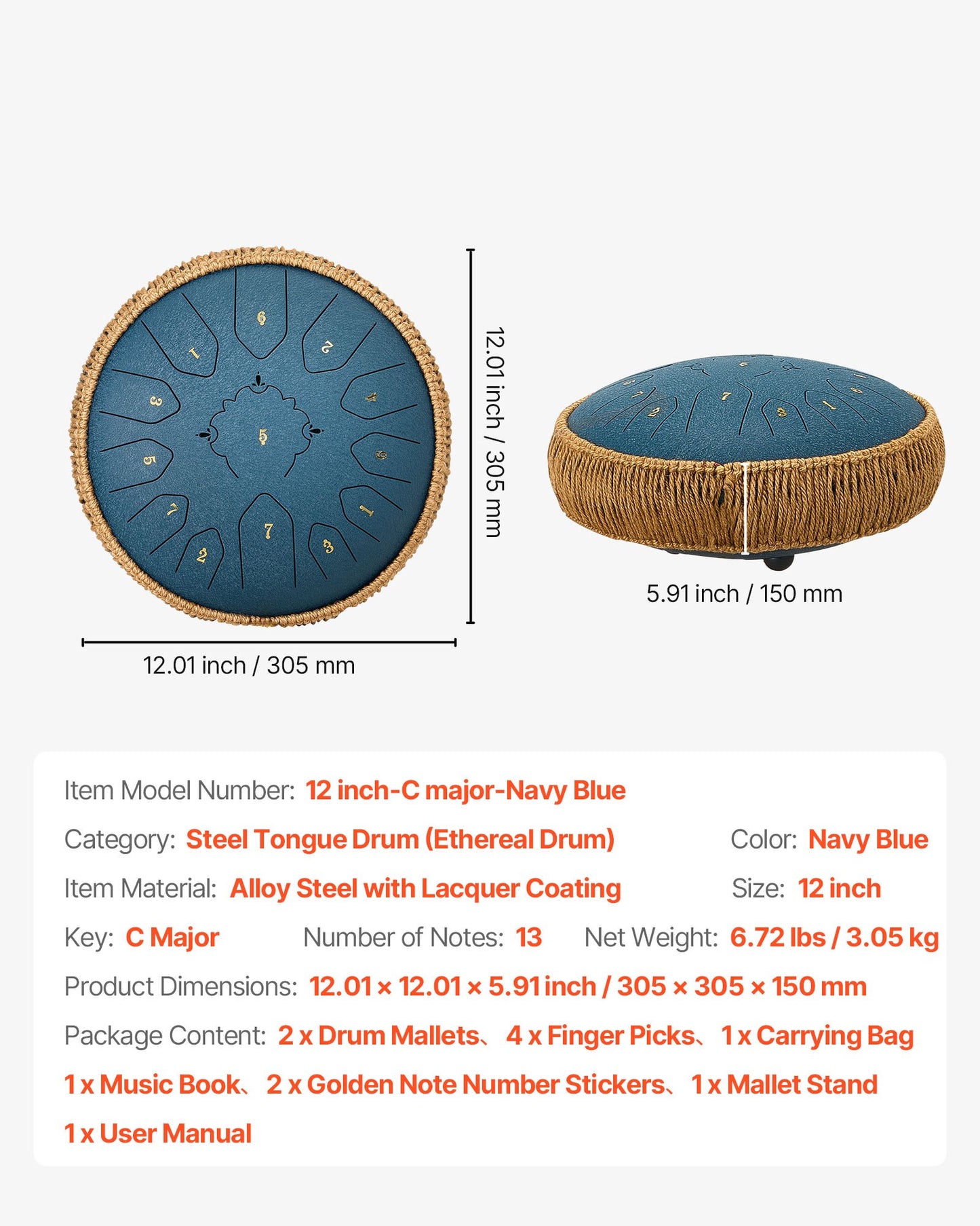 Ståltungtrumma, 30,5 cm 13-noters regntrumma för trädgården, C-dur-trummor med notbok och klubbor, slagverksinstrument för meditation, yoga, nybörjare, musikalisk utbildning, marinblå