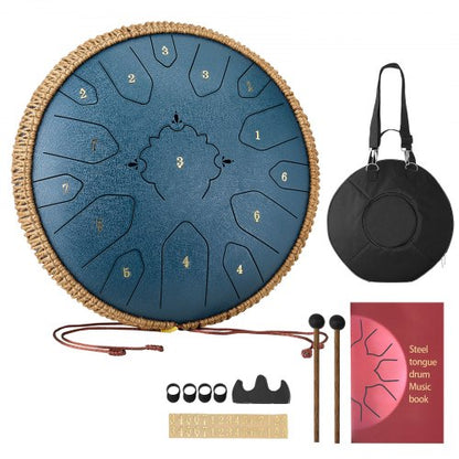 Steel Tongue Drum, 33cm 15 Notes Rain Drum for Outside Garden, C Major Musical Drums with Music Book & Mallets, Percussion Instrument for Meditation Yoga Beginner Musical Education, Navy Blue