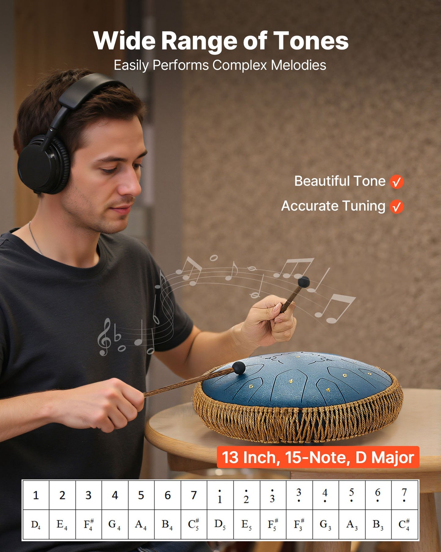 Steel Tongue Drum, 33cm 15 Notes Rain Drum for Outside Garden, C Major Musical Drums with Music Book & Mallets, Percussion Instrument for Meditation Yoga Beginner Musical Education, Navy Blue