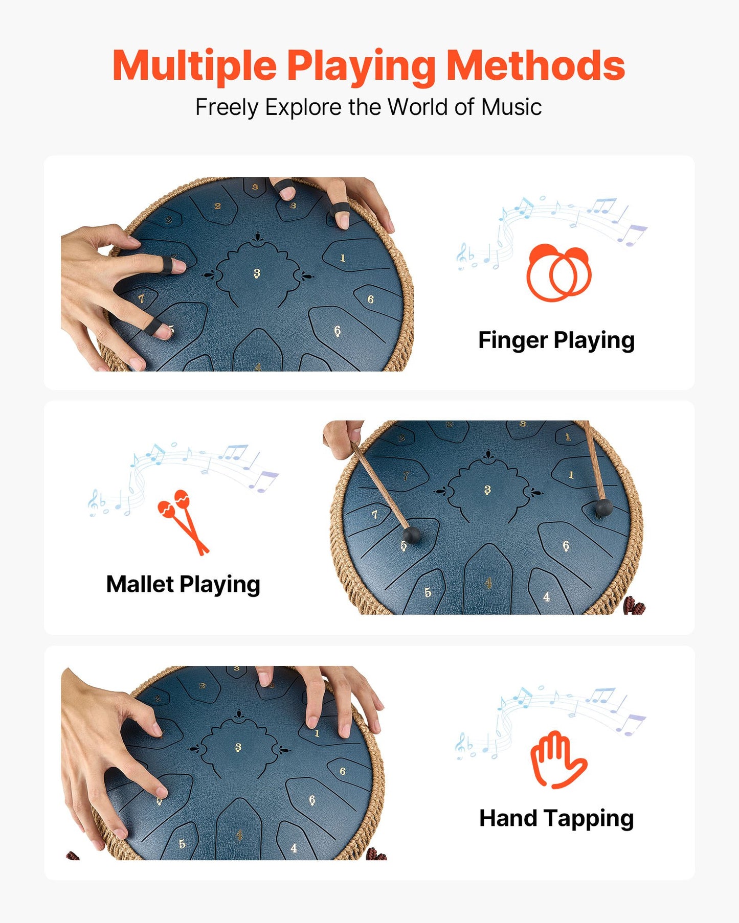 Steel Tongue Drum, 33cm 15 Notes Rain Drum for Outside Garden, C Major Musical Drums with Music Book & Mallets, Percussion Instrument for Meditation Yoga Beginner Musical Education, Navy Blue