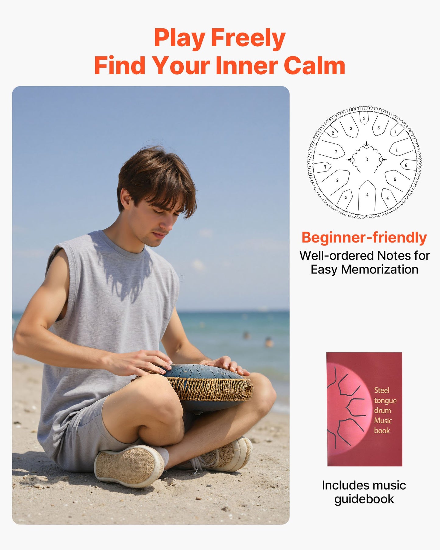 Steel Tongue Drum, 33cm 15 Notes Rain Drum for Outside Garden, C Major Musical Drums with Music Book & Mallets, Percussion Instrument for Meditation Yoga Beginner Musical Education, Navy Blue
