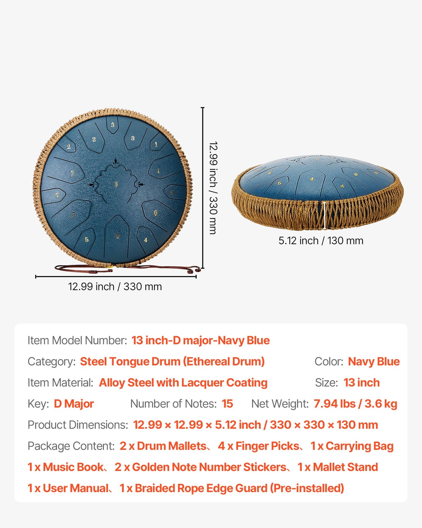 Steel Tongue Drum, 33cm 15 Notes Rain Drum for Outside Garden, C Major Musical Drums with Music Book & Mallets, Percussion Instrument for Meditation Yoga Beginner Musical Education, Navy Blue