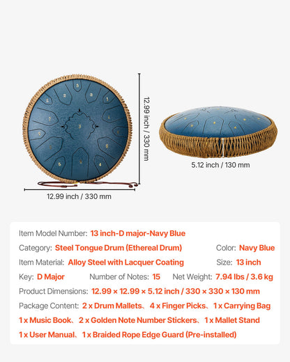 Steel Tongue Drum, 33cm 15 Notes Rain Drum for Outside Garden, C Major Musical Drums with Music Book & Mallets, Percussion Instrument for Meditation Yoga Beginner Musical Education, Navy Blue