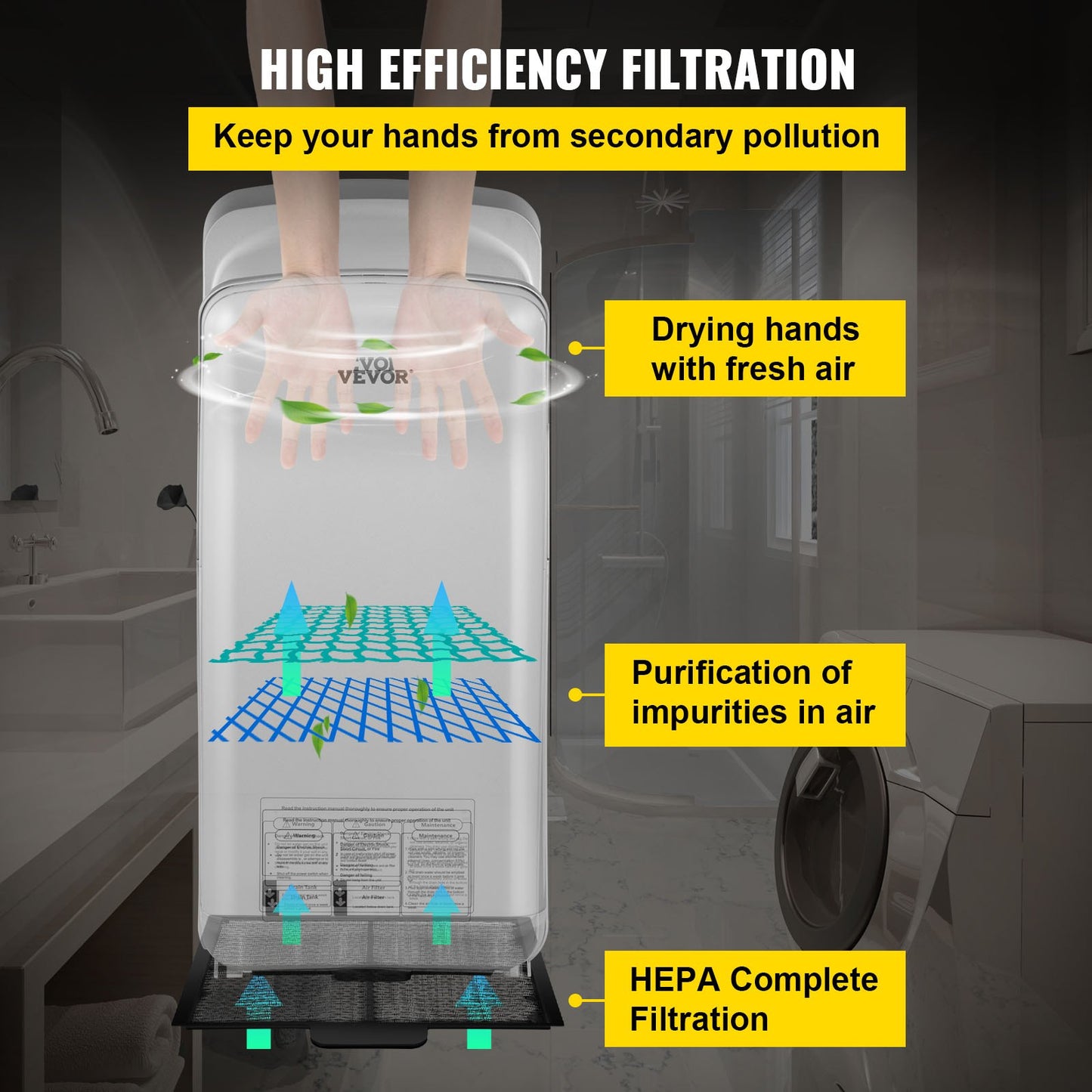 Jethandtork, premium elektrisk kommersiell bladhandtork, ABS lufttork med HEPA-filtrering, väggmonterad handtork, 2000W 220V vertikal handtork, höghastighetsautomatik infraröd silverfärgad