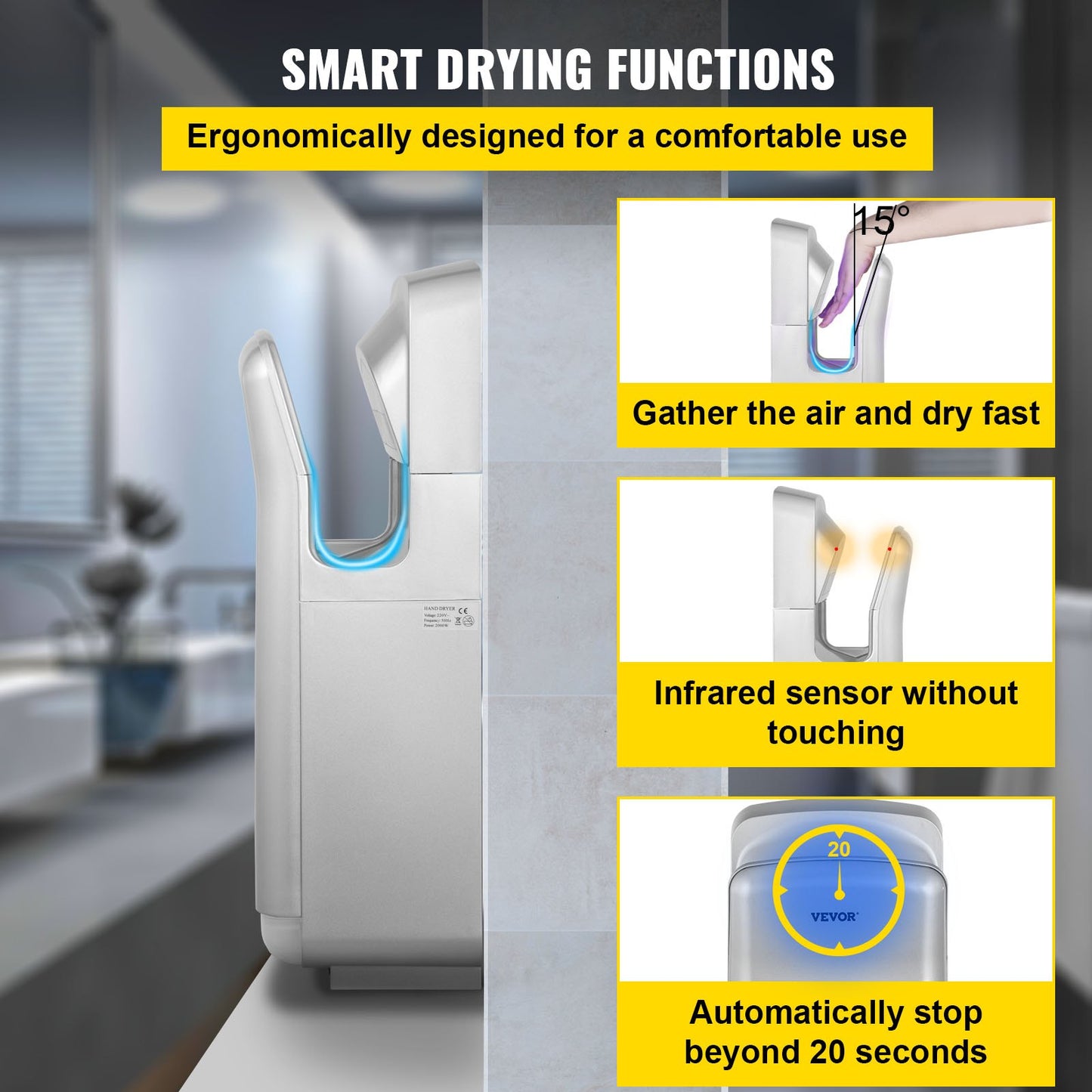 Jethandtork, premium elektrisk kommersiell bladhandtork, ABS lufttork med HEPA-filtrering, väggmonterad handtork, 2000W 220V vertikal handtork, höghastighetsautomatik infraröd silverfärgad