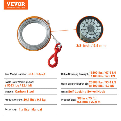 Galvanized Steel Winch Cable, 9.5 mm x 22.86 m 6,895 kg Breaking Strength, Wire Winch Rope with Swivel Hook, Towing Cable Heavy Duty, Universal Fit for SUV, Large Off-Road Vehicle, Truck