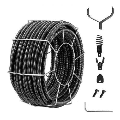 Drain Cleaning Cable 100 FT x 3/4 Inch, Solid Core Steel Drain Cleaner Cable with 4 Cutters for 3.9" to 7.9" Pipes, Professional Inner Core Sewer Drain Auger Cable for Sink, Floor Drain, Toilet