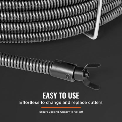 Drain Cleaning Cable 100 FT x 3/4 Inch, Solid Core Steel Drain Cleaner Cable with 4 Cutters for 3.9" to 7.9" Pipes, Professional Inner Core Sewer Drain Auger Cable for Sink, Floor Drain, Toilet