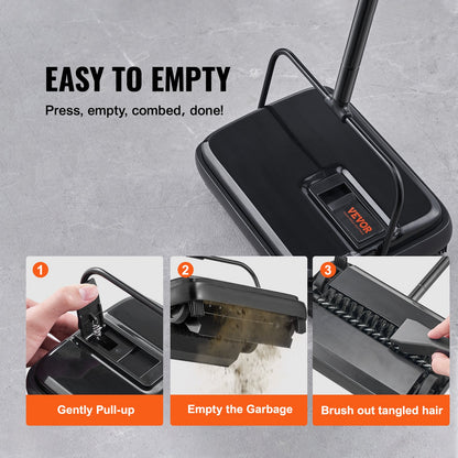 Carpet Sweeper, 20 cm Sweeping Paths, Floor Sweeper Manual Non Electric, 300 ml Dustbin Capacity with Comb for Home Office Rugs Hardwood Surfaces Wood Floors Laminate, Cleans Dust Pet Hair