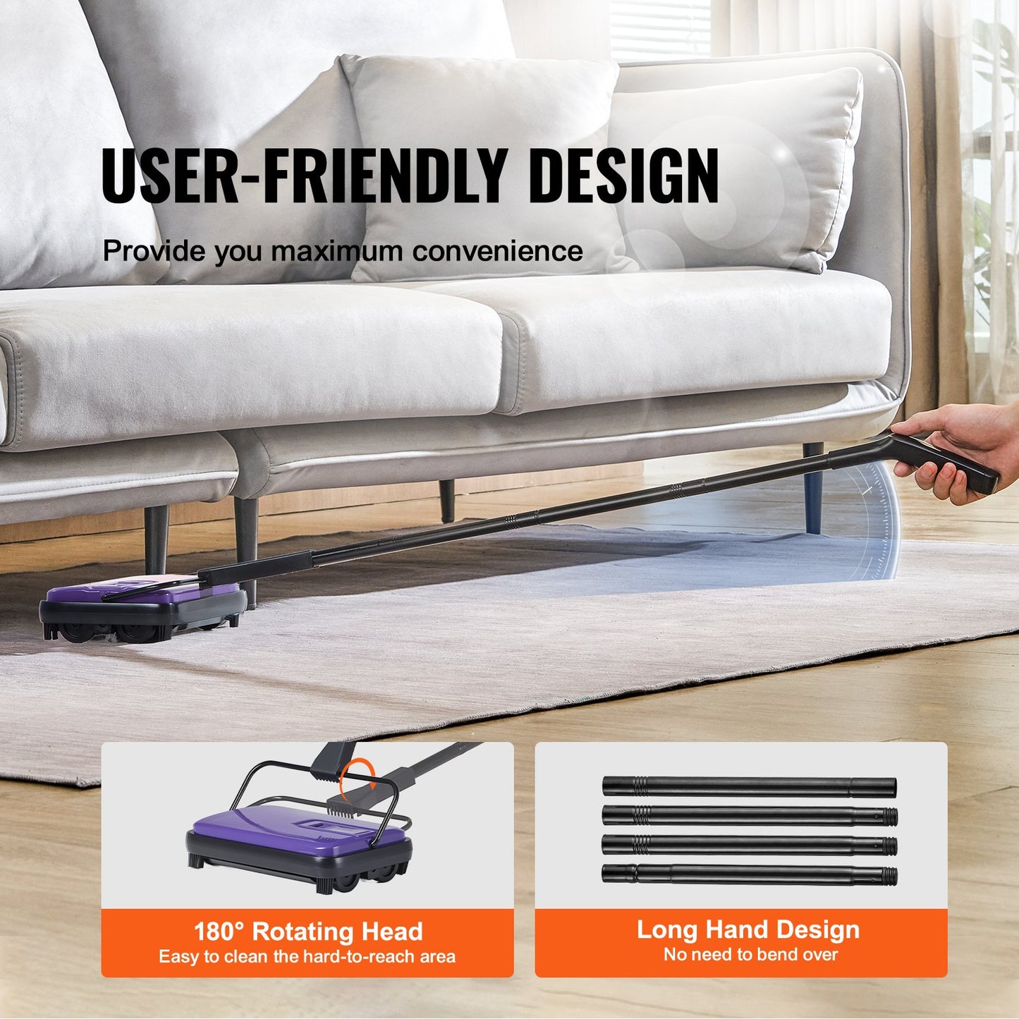 Manuell mattsopmaskin, golvsopmaskin med 300 ml soptunnekapacitet, lätt att tömma, 17 cm rengöringsbredd för hemmakontorsmattor, djurhårsdamm, lila