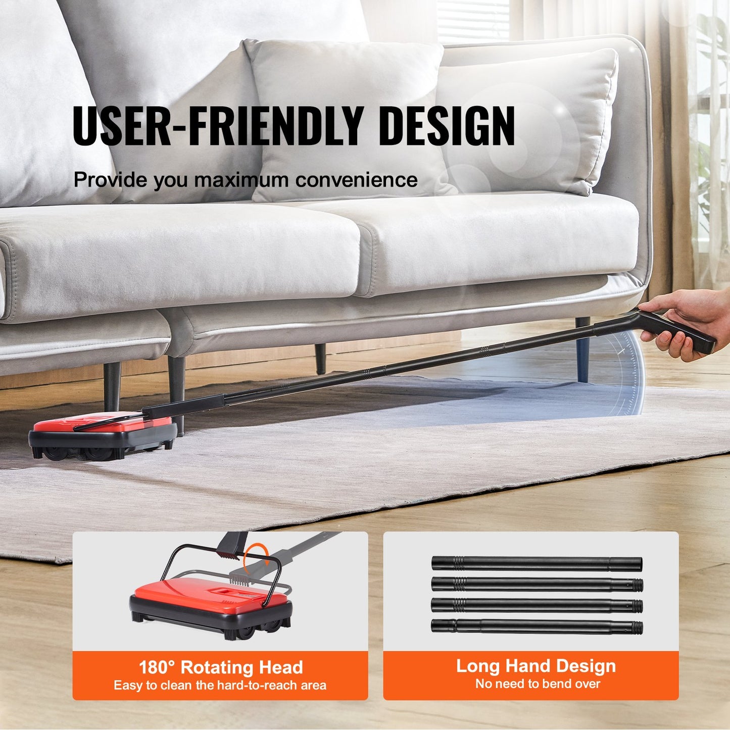 Manuell mattsopmaskin, golvsopmaskin med 300 ml soptunnekapacitet, lätt att tömma, 17 cm rengöringsbredd för hemmakontorsmattor, djurhårsdamm, röd