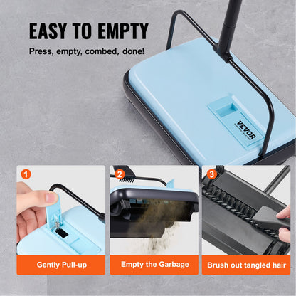 Manuell mattsopmaskin, golvsopmaskin med 300 ml soptunnekapacitet, lätt att tömma, 17 cm rengöringsbredd för hemmakontorsmattor, djurhårsdamm, blå