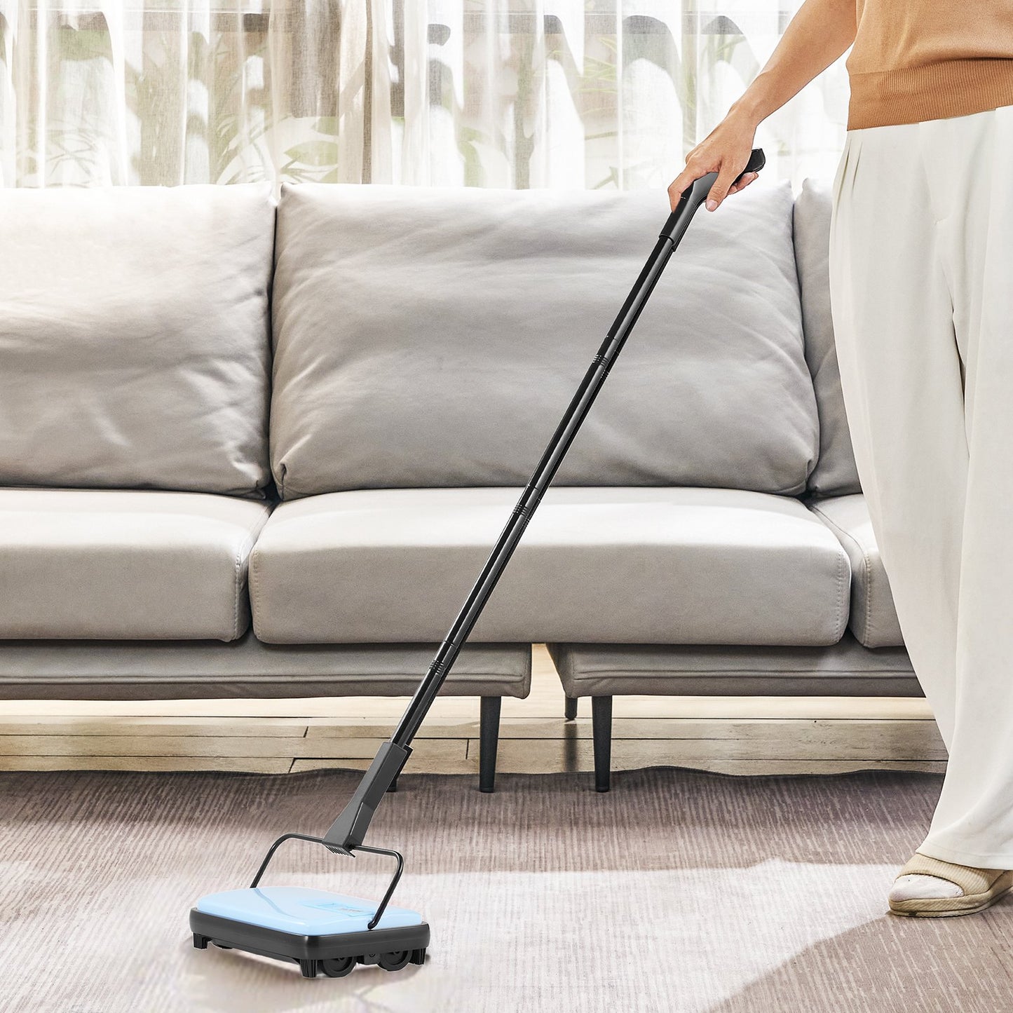 Manuell mattsopmaskin, golvsopmaskin med 300 ml soptunnekapacitet, lätt att tömma, 17 cm rengöringsbredd för hemmakontorsmattor, djurhårsdamm, blå