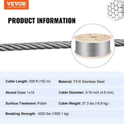 316 Stainless Steel Wire Rope 500ft Length, Steel Wire Cable 3/16 Inch, Steel Cable Railing Decking With 1x19 Strands Construction, 4700lbs Breaking Strength For Stair, Handrail, Clothesline