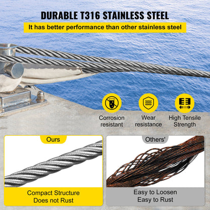 316 Stainless Steel Cable, 500FT Stainless Steel Wire Rope of 5/32 Inch Diameter and 1x19 Construction, 3300 LBS Breaking Strength Steel Cable for Outdoor Railing Decking DIY Balustrade