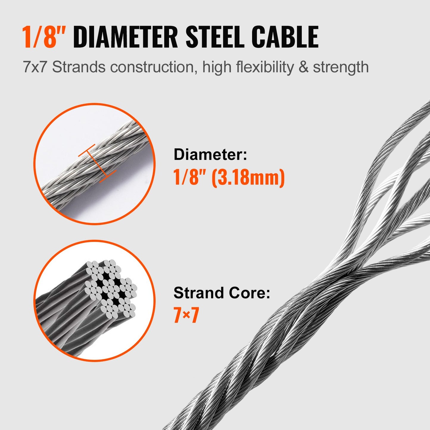 T316 Deck Railing Cable, 1/8" Stainless Steel Wire Rope 300 ft with Cutter Kit, 7x7 Strands Construction Marine Aircraft Grade for Handrail Stair Decking Fence Outdoors