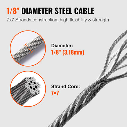 T316 Deck Railing Cable, 1/8" Stainless Steel Wire Rope 300 ft with Cutter Kit, 7x7 Strands Construction Marine Aircraft Grade for Handrail Stair Decking Fence Outdoors