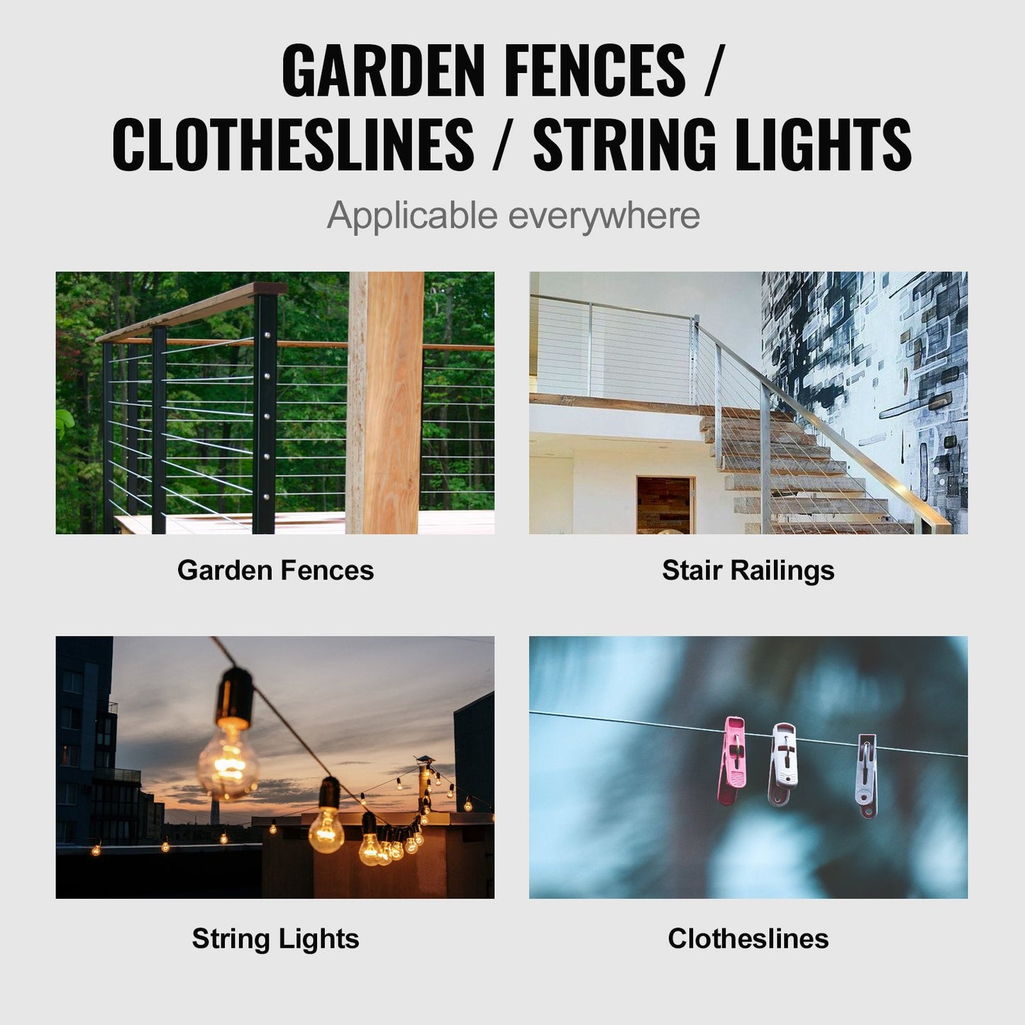 T316 Deck Railing Cable, 1/8" Stainless Steel Wire Rope 300 ft with Cutter Kit, 7x7 Strands Construction Marine Aircraft Grade for Handrail Stair Decking Fence Outdoors