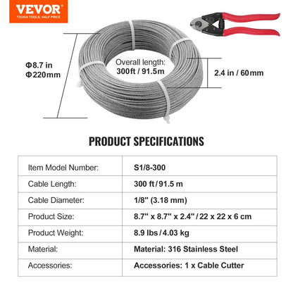 T316 Deck Railing Cable, 1/8" Stainless Steel Wire Rope 300 ft with Cutter Kit, 7x7 Strands Construction Marine Aircraft Grade for Handrail Stair Decking Fence Outdoors