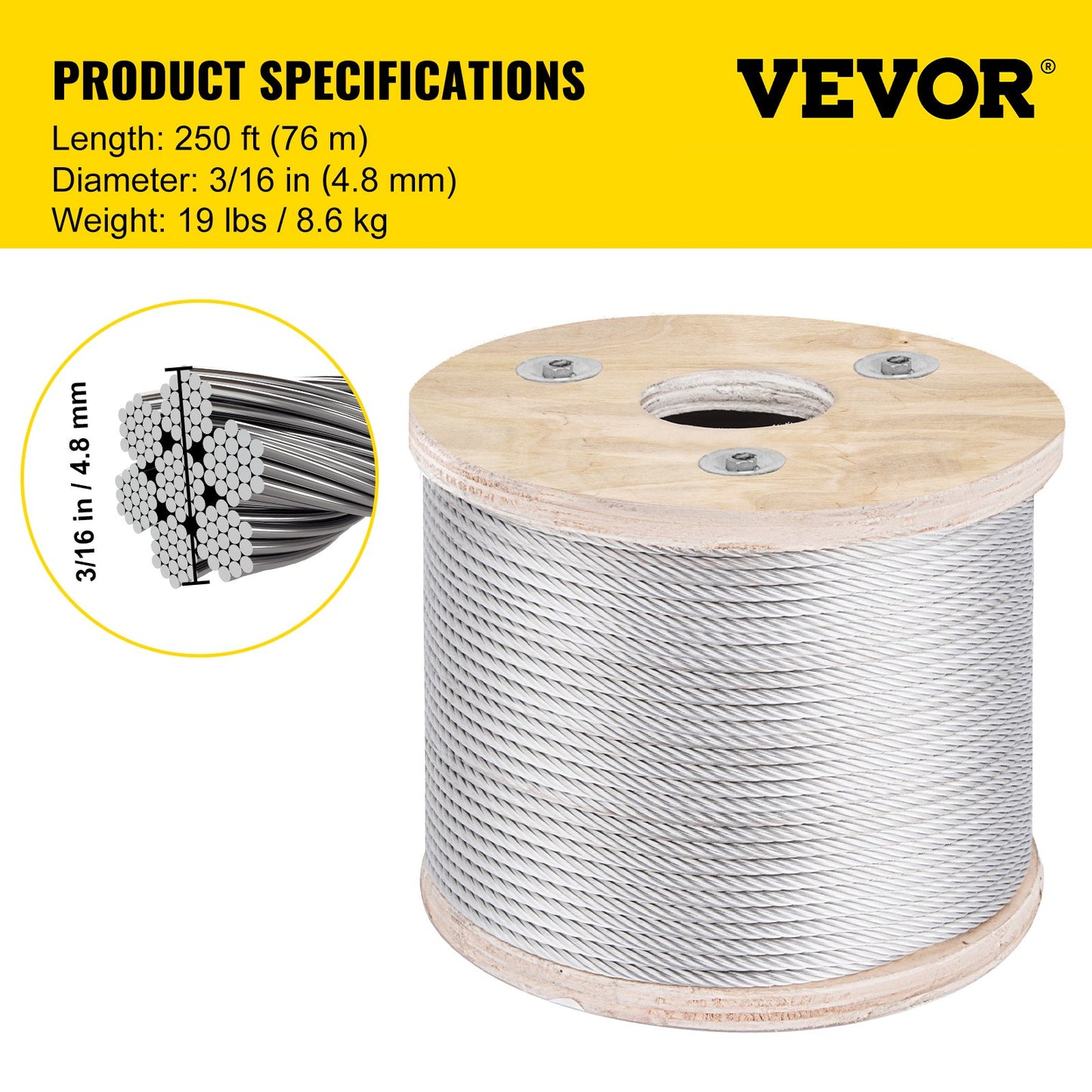 304 Stainless Steel Cable 3/16 Inch 7 X 19 Steel Wire Rope 250Feet Steel Cable for Railing Decking DIY Balustrade