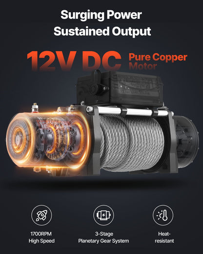 Electric Winch, 5400 kg Load Capacity, 12V DC Truck Winch with Φ9.1 mm x 24 m Steel Rope, Wireless & Wired Remote Control, IP55 Waterproof for Towing SUV Jeep Trailer Boat Off-Road Vehicle