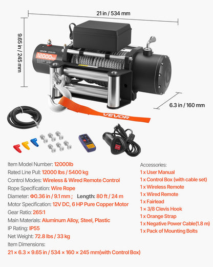 Electric Winch, 5400 kg Load Capacity, 12V DC Truck Winch with Φ9.1 mm x 24 m Steel Rope, Wireless & Wired Remote Control, IP55 Waterproof for Towing SUV Jeep Trailer Boat Off-Road Vehicle