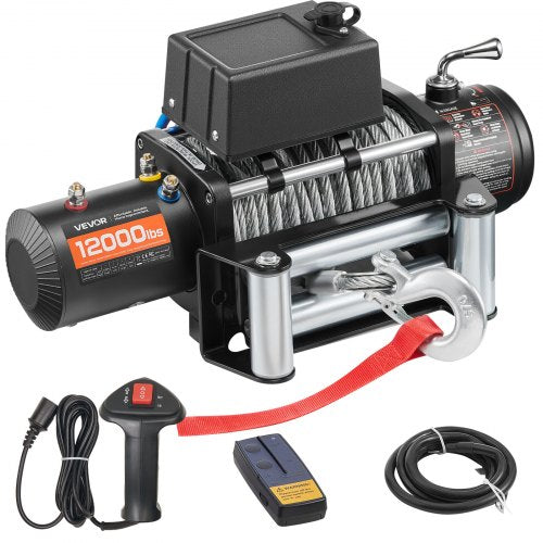 Electric Winch, 5400 kg Load Capacity, 12V DC Truck Winch with Φ9.1 mm x 26 m Steel Rope, Wireless & Wired Remote Control, Suitable for Towing SUV Jeep Trailer Boat Off-Road Vehicle