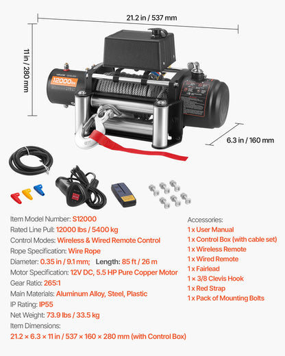 Electric Winch, 5400 kg Load Capacity, 12V DC Truck Winch with Φ9.1 mm x 26 m Steel Rope, Wireless & Wired Remote Control, Suitable for Towing SUV Jeep Trailer Boat Off-Road Vehicle