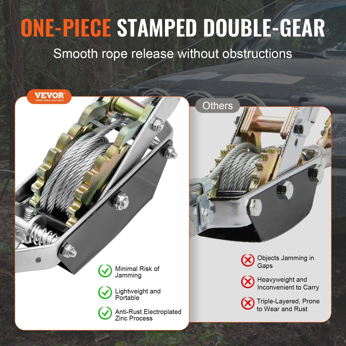 Come Along Winch, 2 Ton (4,409 lbs) Pulling Capacity, 12 ft Steel Cable, 2 Hooks, Heavy Duty Ratchet Power Puller Tool with Dual Gears, Automotive Hoist Cable Puller Ideal for Vehicle Rescue