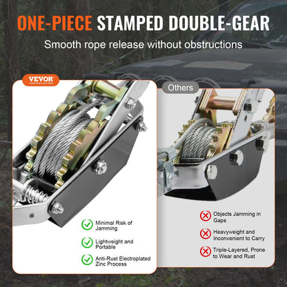 Come Along Winch, 2 Ton (4,409 lbs) Pulling Capacity, 12 ft Steel Cable, 2 Hooks, Heavy Duty Ratchet Power Puller Tool with Dual Gears, Automotive Hoist Cable Puller Ideal for Vehicle Rescue