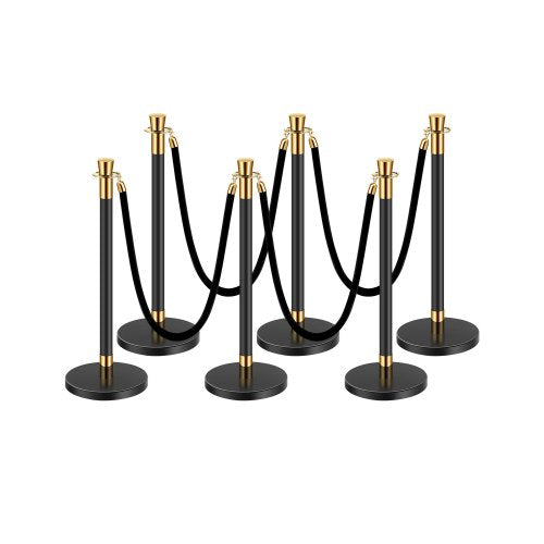 Stanchion Post, 6 Pcs Crowd Control Barrier with 4 Black Velvet Ropes, 5 ft Stainless Steel Stanchion Post Queue with Sand Injection Hollow Base for Theater, Party, Wedding, Exhibition, Black