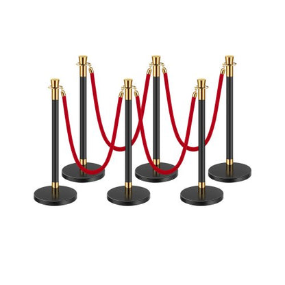 Stanchion Post, 6 Pcs Crowd Control Barrier with 4 Red Velvet Ropes, 5 ft Stainless Steel Black Stanchion Post Queue with Sand Injection Hollow Base for Theater, Party, Wedding, Exhibition