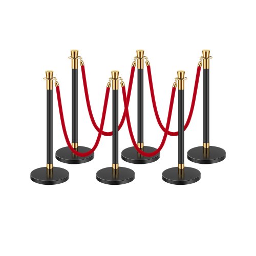 Stanchion Post, 6 Pcs Crowd Control Barrier with 4 Red Velvet Ropes, 5 ft Stainless Steel Black Stanchion Post Queue with Sand Injection Hollow Base for Theater, Party, Wedding, Exhibition