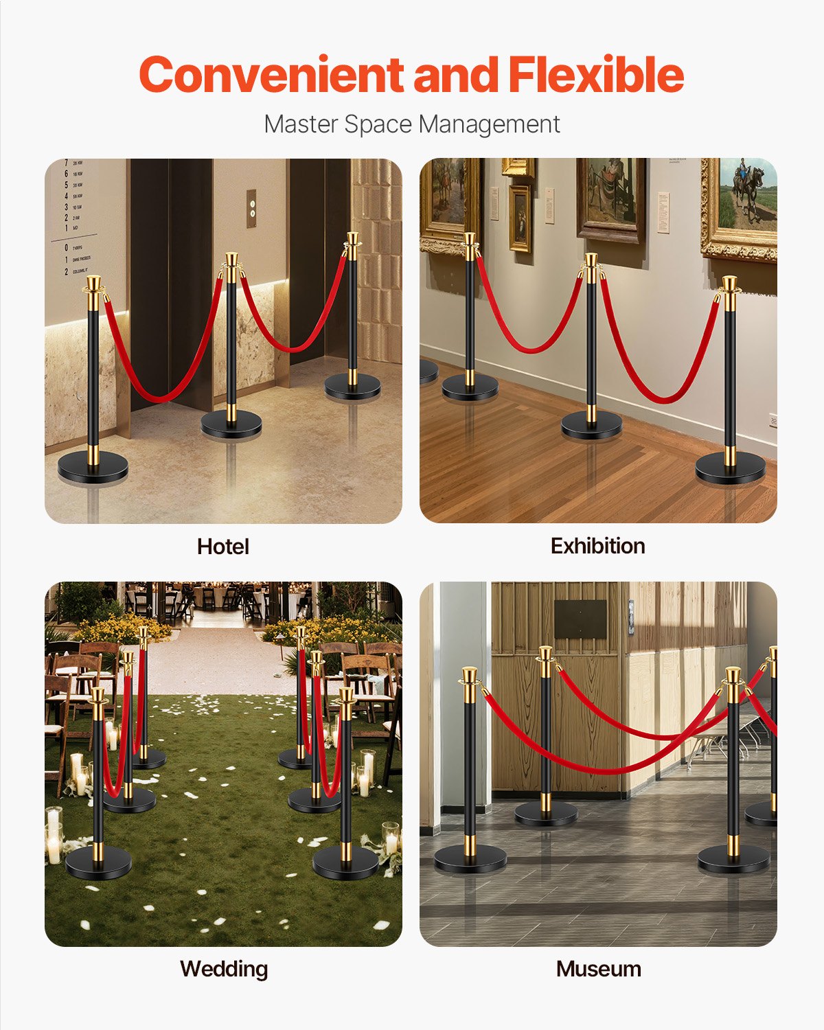 Stanchion Post, 6 Pcs Crowd Control Barrier with 4 Red Velvet Ropes, 5 ft Stainless Steel Black Stanchion Post Queue with Sand Injection Hollow Base for Theater, Party, Wedding, Exhibition