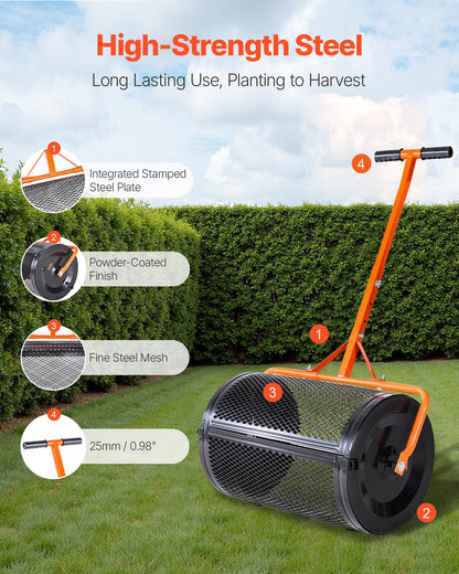 Compost Spreader, 24 in Wide Peat Moss Spreader with T Shaped Handle, 3 Heights Adjustable, Powder-Coated Steel Garden Peat Moss Roller, Heavy Duty Grass Seed Spreaders for Planting Seeding