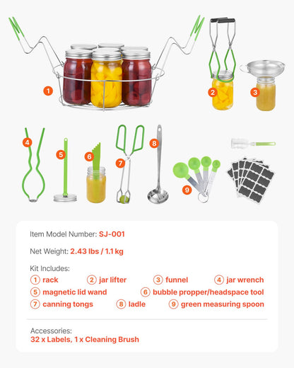 Canning Supplies Starter Kit, 9 Pieces Stainless Steel Water Bath Canning Kit for Beginners, Canning Tools Set: Rack, Ladle, Measuring Spoon, Funnel, Tongs, Jar Lifter, Jar Wrench