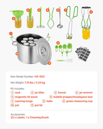 Canning Supplies Starter Kit, 11 Pieces Stainless Steel Water Bath Canning Kit for Beginners, Canning Tools Set: Pot, Rack, Lid, Ladle, Funnel, Tongs, Jar Lifter, Wrench, Measuring Cup