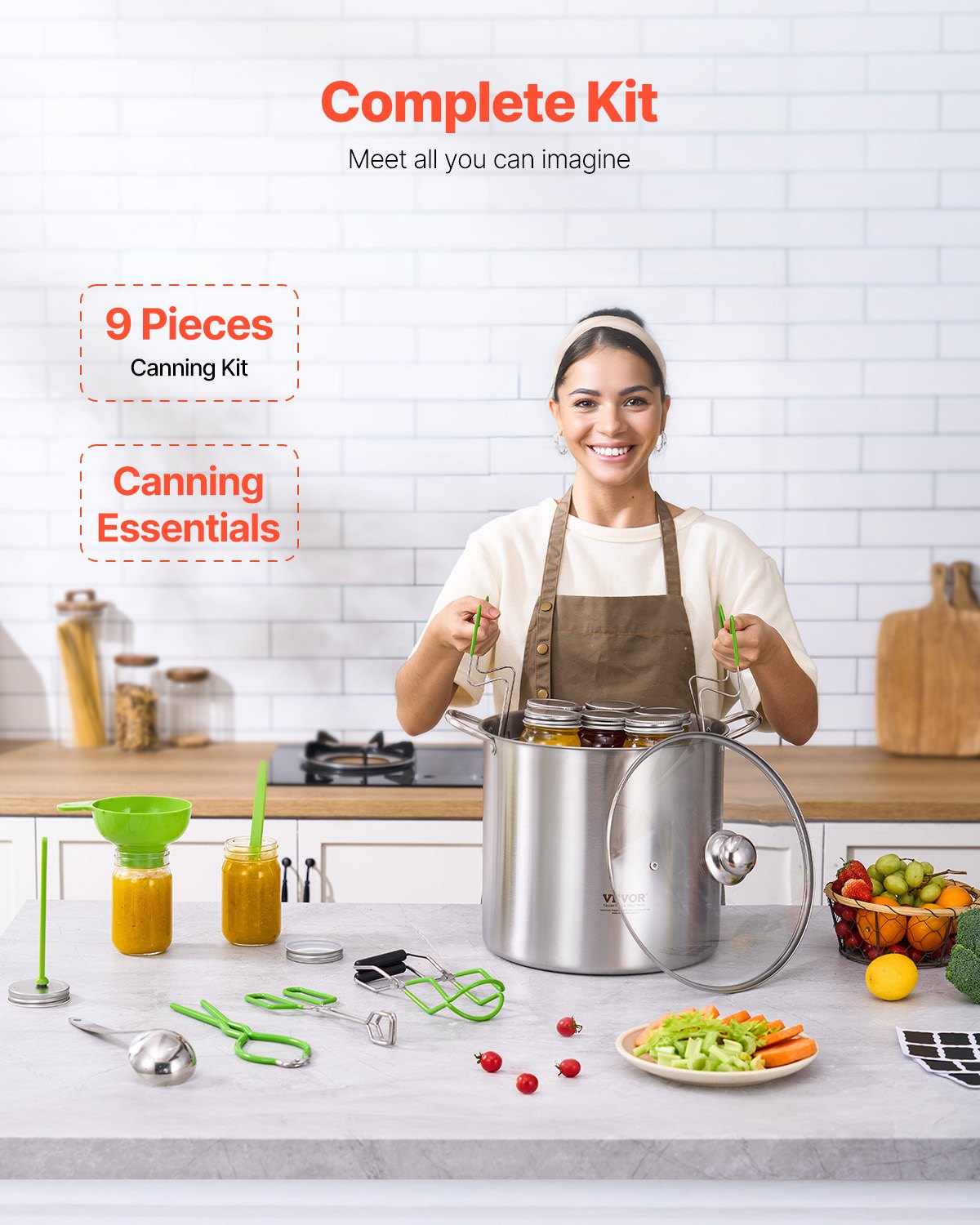 Startpaket för konserveringstillbehör, 9 delar konserveringskit i rostfritt stål för vattenbad för nybörjare, konserveringsverktygsset: kastrull, ställ, lock, tratt, tång, burklyftare, skiftnyckel, magnetstav, bubbelproppare