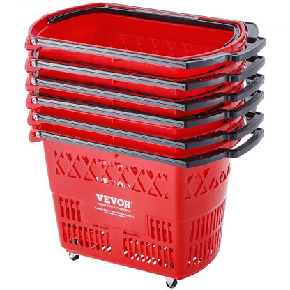 Shopping Baskets, 6PCS, 39L Shopping Carts with Handles, Plastic Rolling Shopping Basket with Wheels, Large Portable Shopping Basket Set for Supermarkets, Retail Stores, Grocery Shopping, Red