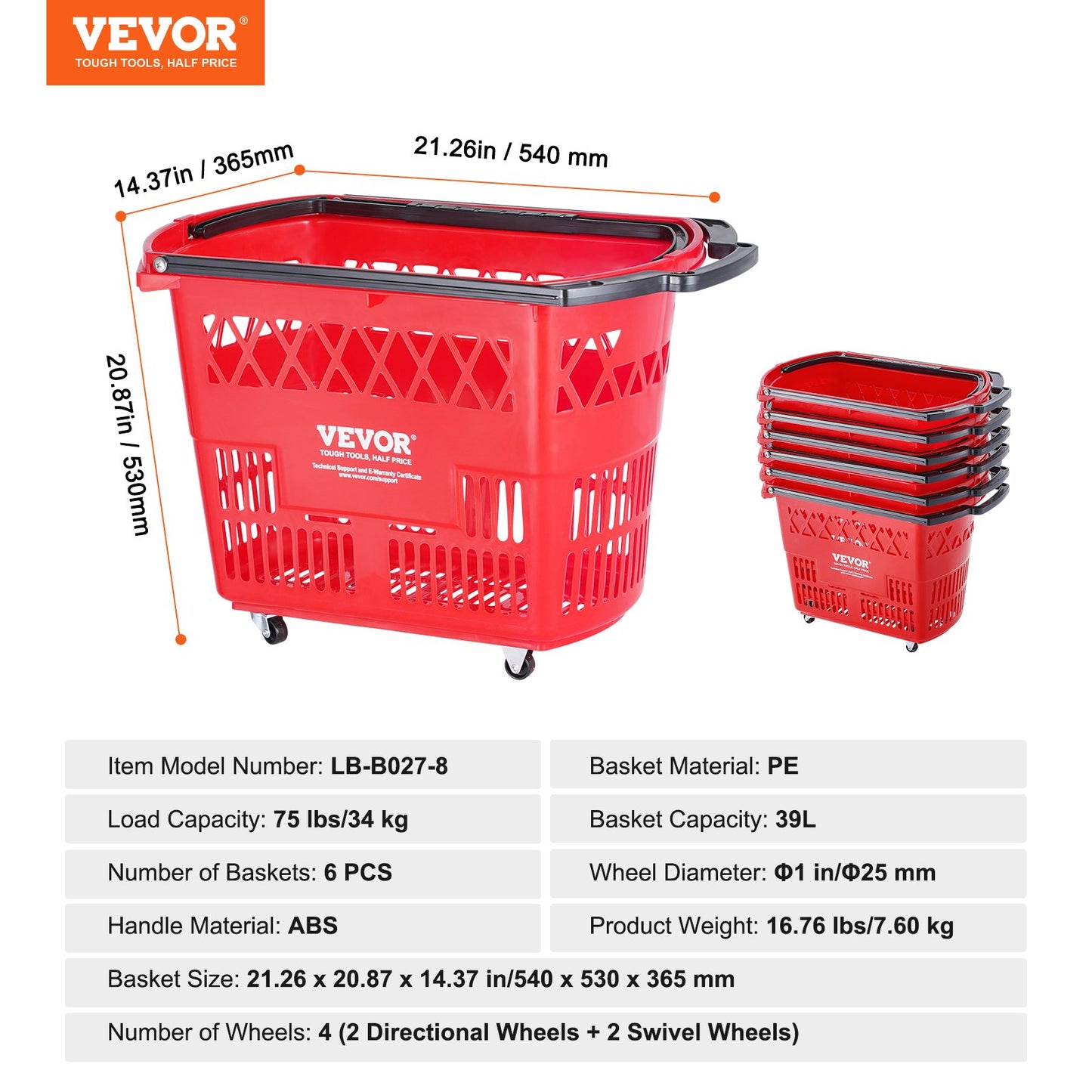 Shopping Baskets, 6PCS, 39L Shopping Carts with Handles, Plastic Rolling Shopping Basket with Wheels, Large Portable Shopping Basket Set for Supermarkets, Retail Stores, Grocery Shopping, Red